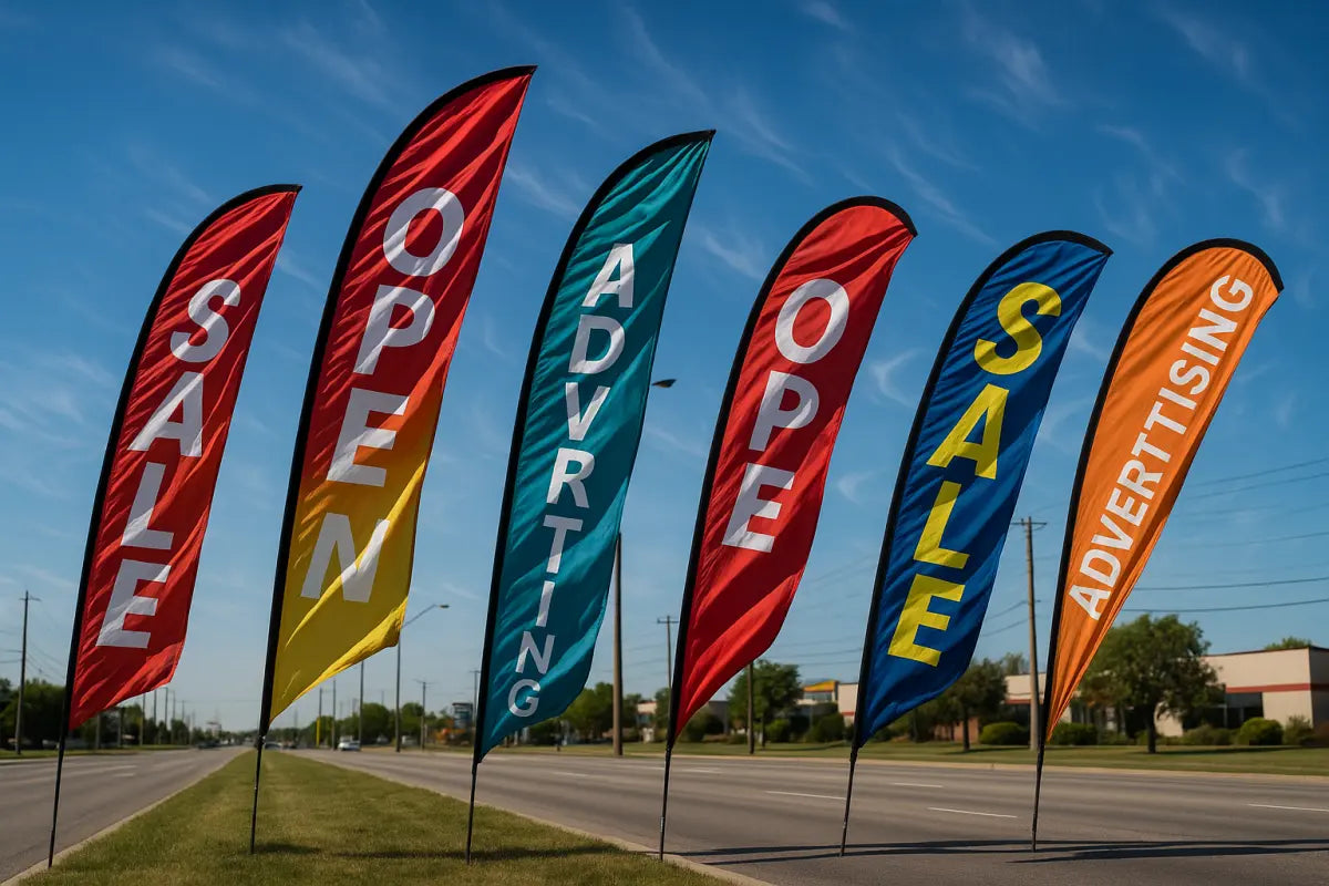 Best advertising flags for windy conditions including feather flags and teardrop flags in strong wind