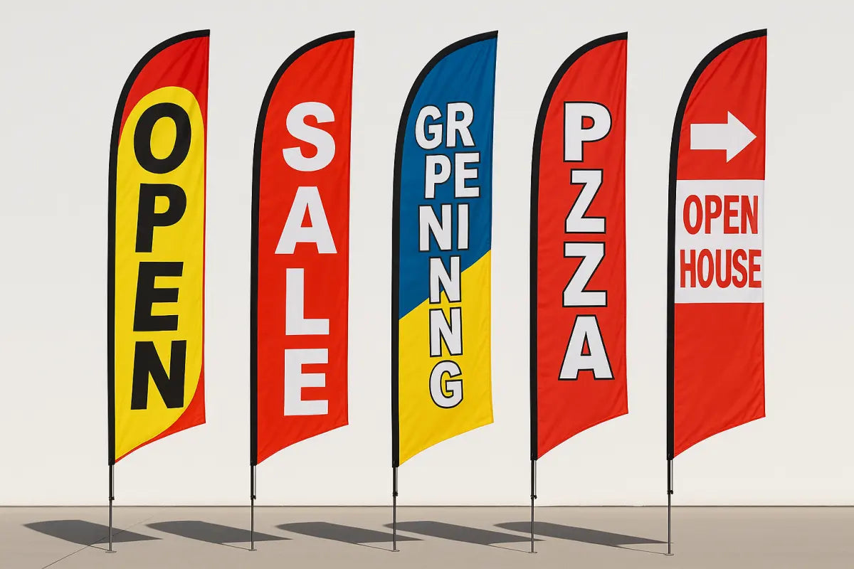 Top 5 best stock feather flag designs including OPEN SALE and GRAND OPENING flags for business advertising
