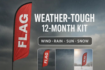 Feather flag in wind, rain, sun, and snow with ‘Weather-Tough 12-Month Kit’ text overlay—durable, budget setup.