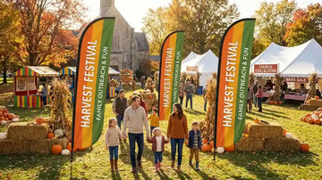 Vibrant church harvest festival with colorful feather flags welcoming families