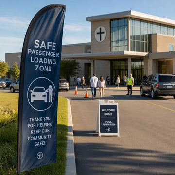Church feather flags marking a safe passenger loading zone on a Sunday campus driveway