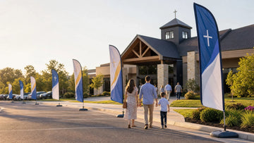 Church feather flags guiding first-time visitors from parking lot to Sunday service entrance