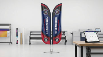 Premium double-sided feather flag with accurate front-to-back brand color consistency