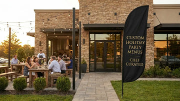 Commercial feather flag showcasing Custom Holiday Party Menus Chef Curated outside upscale culinary bistro