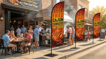 Restaurant patio with vibrant Deep Fried Cajun Turkeys Pre-Order feather flag fluttering in autumn wind