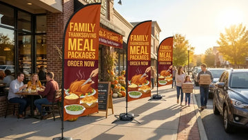 Family restaurant exterior with Family Thanksgiving Meal Packages Order Now feather flag standing tall