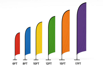 Feather flag sizes comparison showing 6ft 8ft 10ft 12ft 15ft and 17ft flags side by side for size guide
