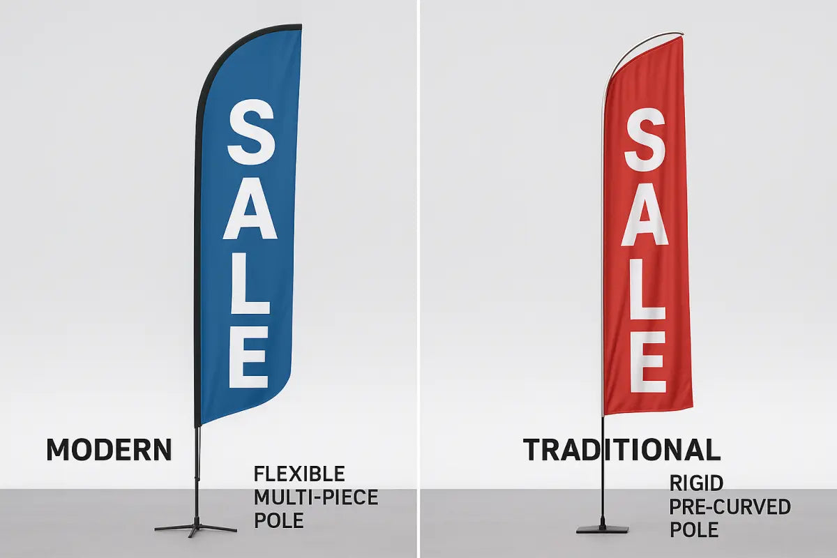 Feather flag versus swooper flag side by side comparison showing flexible pole and pre-curved pole differences