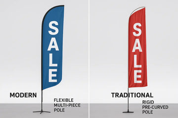 Feather flag versus swooper flag side by side comparison showing flexible pole and pre-curved pole differences