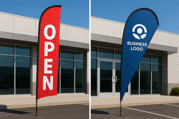 Side by side comparison of feather flag and teardrop flag showing design differences for business advertising