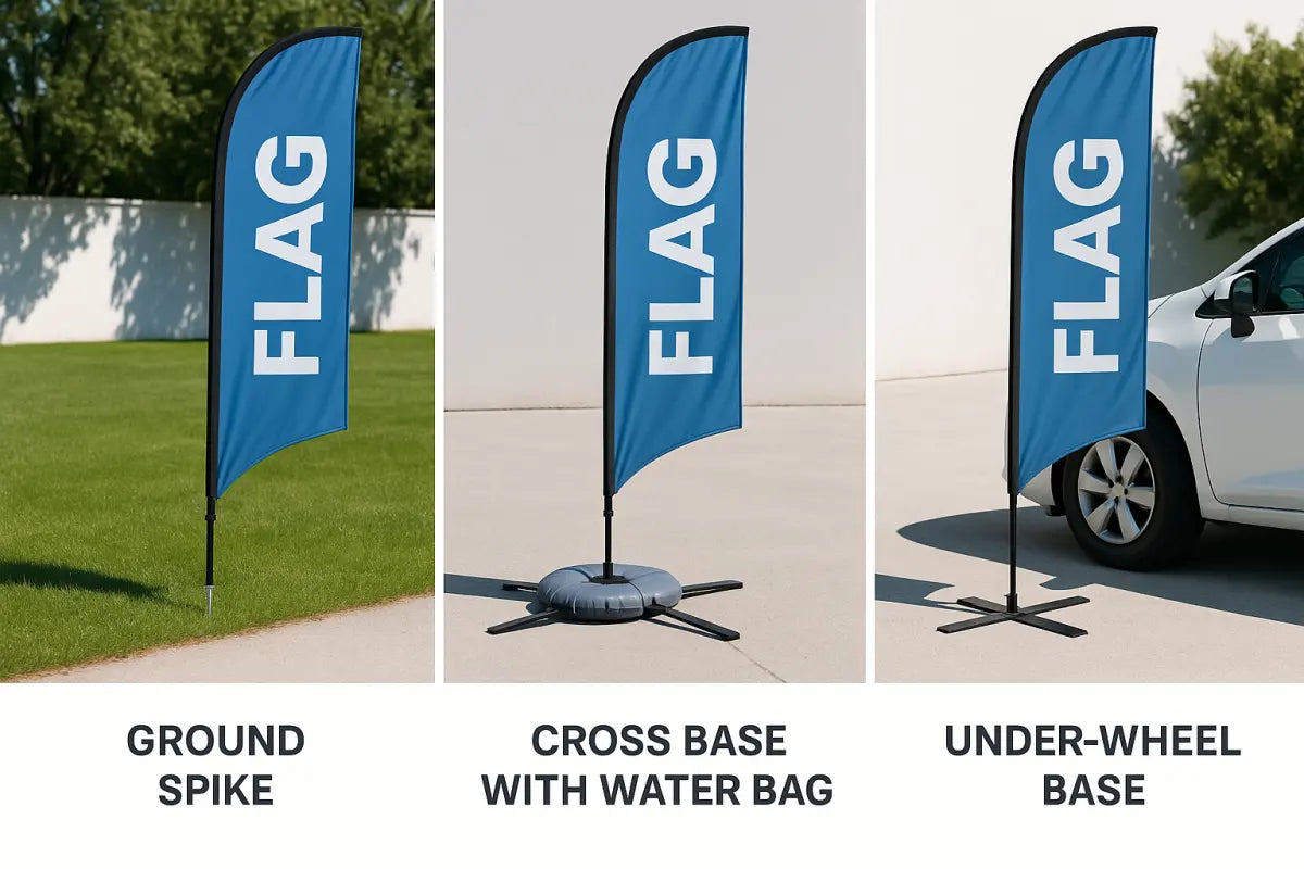 Flag base comparison showing ground spike for grass cross base for concrete and water bag weight