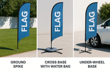 Flag base comparison showing ground spike for grass cross base for concrete and water bag weight