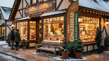 Charming neighborhood scratch bakery storefront with 13ft Fresh Gingerbread & Holiday Cookies feather flag