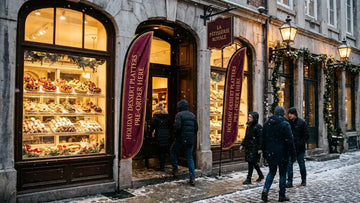 Boutique pastry shop storefront with 13ft Holiday Dessert Platters Pre-Order Here feather flag