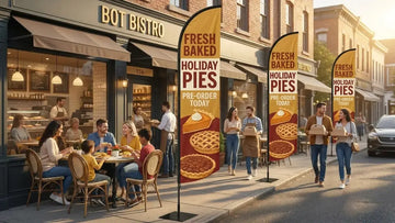 Bakery storefront with Fresh Baked Holiday Pies Pre-Order Today feather flag catching customer attention