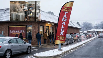 Festive food truck and drive-thru lane with commercial 13ft Fresh Holiday Tamales Pre-Order Dozens feather flag