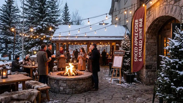 Rustic bistro patio with glowing outdoor fire pit and commercial 13ft Spiced Apple Cider & Mulled Wine Bar feather flag