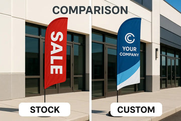 Side by side comparison of stock feather flag and custom branded flag for small business advertising