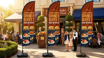 Elegant restaurant exterior with Thanksgiving Dinner Buffet Dine In Today feather flag greeting holiday diners