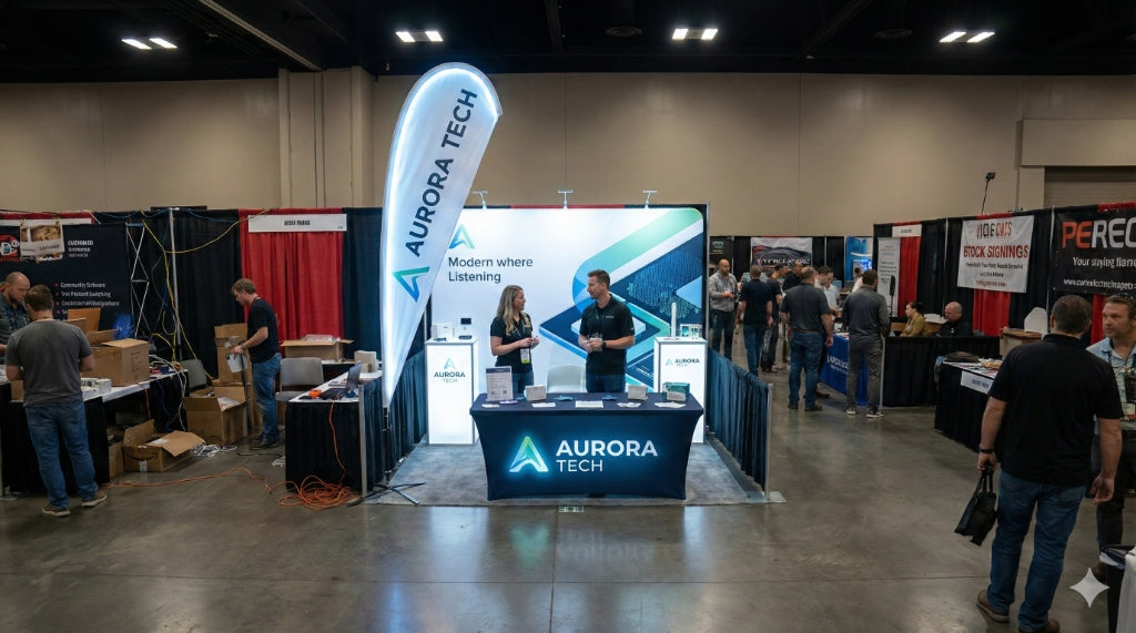 Busy trade show floor with feather flags standing out