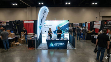 Busy trade show floor with feather flags standing out