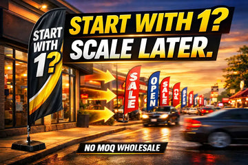 One custom double-sided feather flag kit in the foreground and multiple scaled-up flag deployments behind it, with bold text reading START WITH 1? and SCALE LATER, illustrating no MOQ wholesale unit-1 logic.