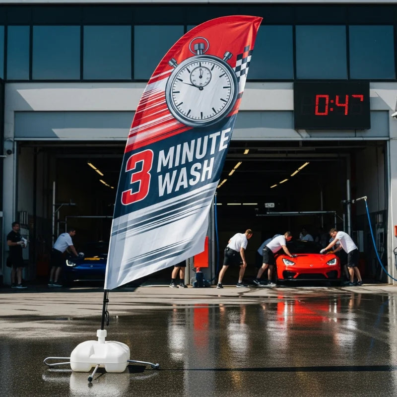 12ft feather flag with stopwatch graphics advertising a 3-minute car wash time to highlight extreme service speed.