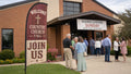 church feather flag with country church Yall Join Us theme at modern brick church homecoming Sunday