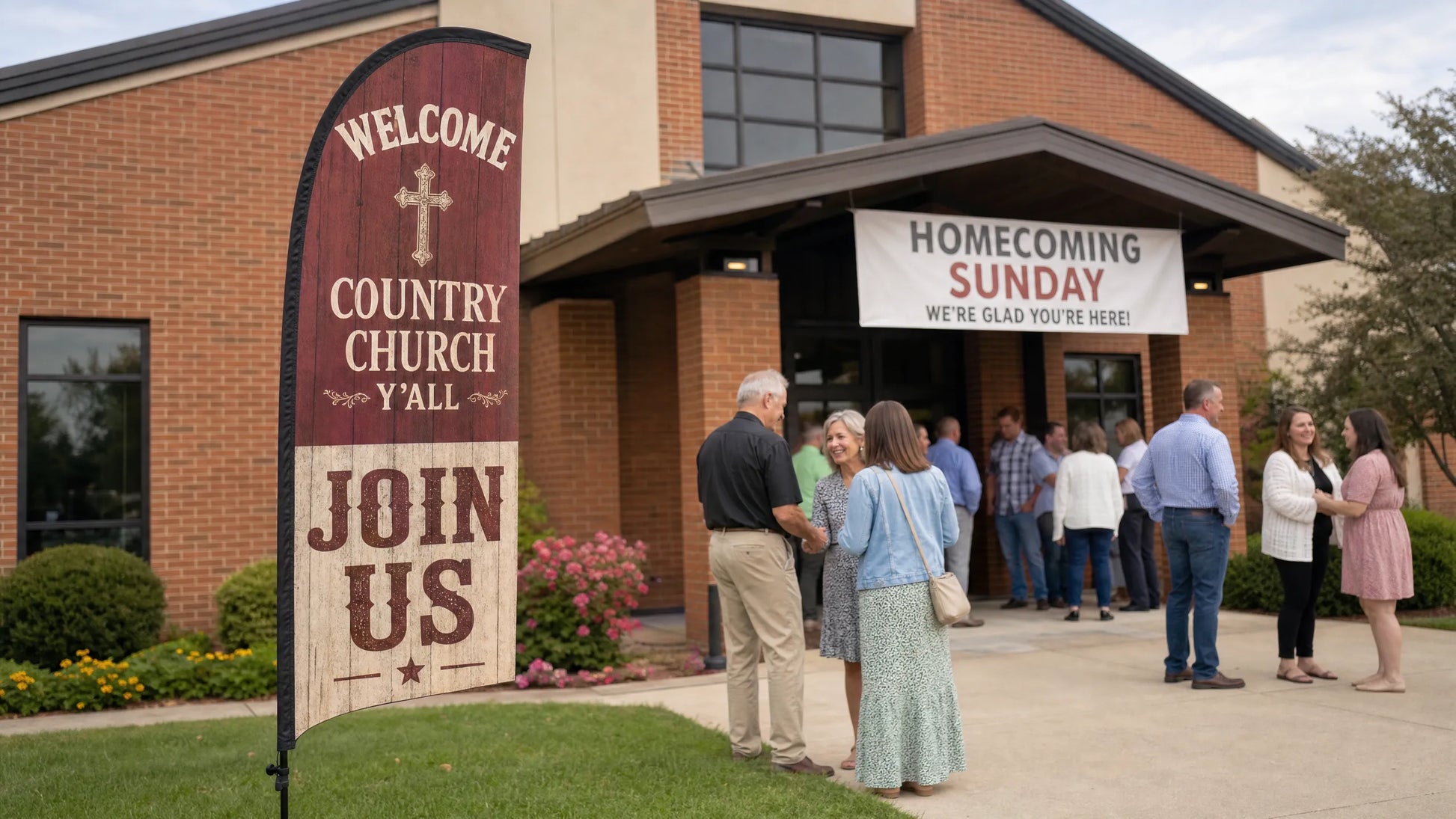church feather flag with country church Yall Join Us theme at modern brick church homecoming Sunday