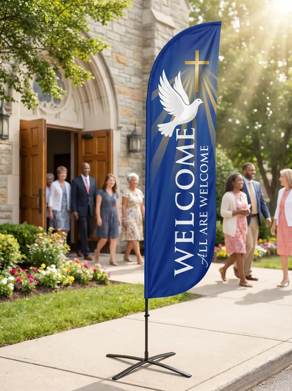 Church welcome feather flag with white dove and gold cross on royal blue — congregation entering church Sunday morning