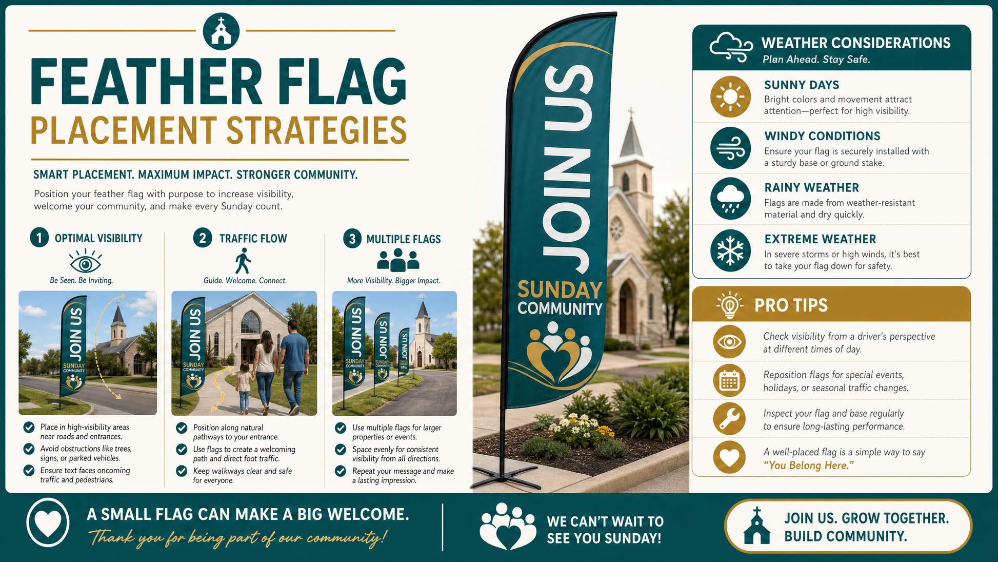 Infographic explaining placement strategies for Join Us community church feather flag