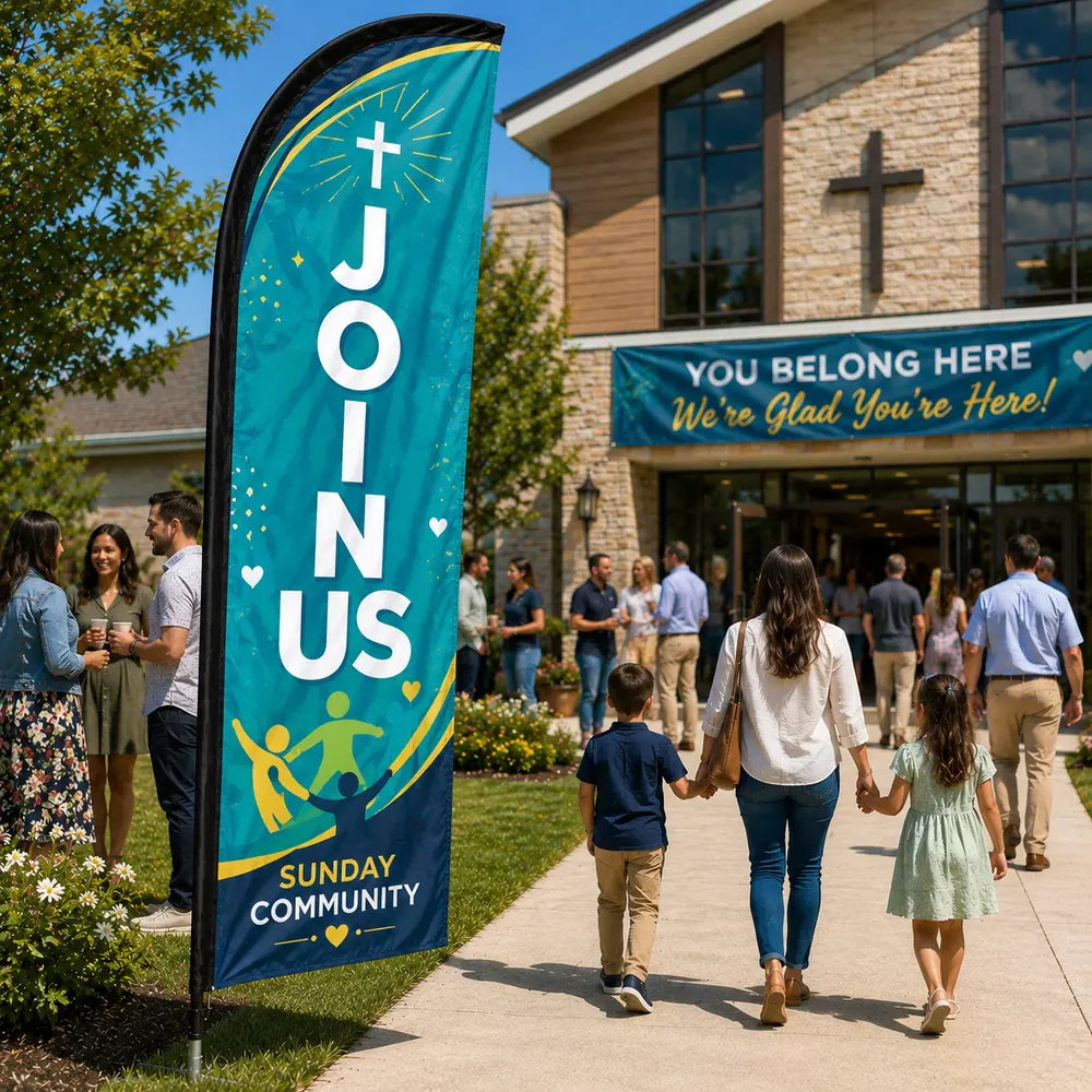 Join Us community church feather flag displayed near a busy fellowship courtyard with church members