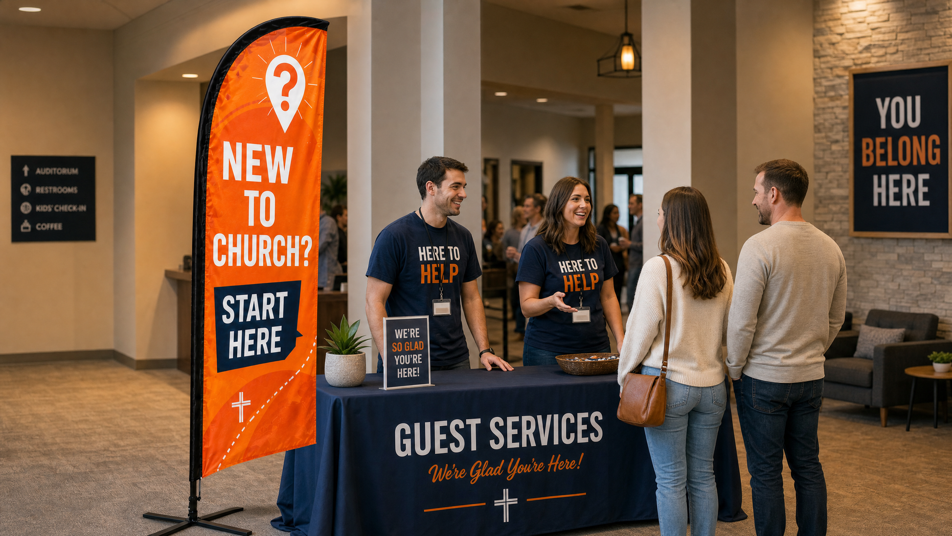 Case study image 3 for New To Church Guest Services Feather Flag