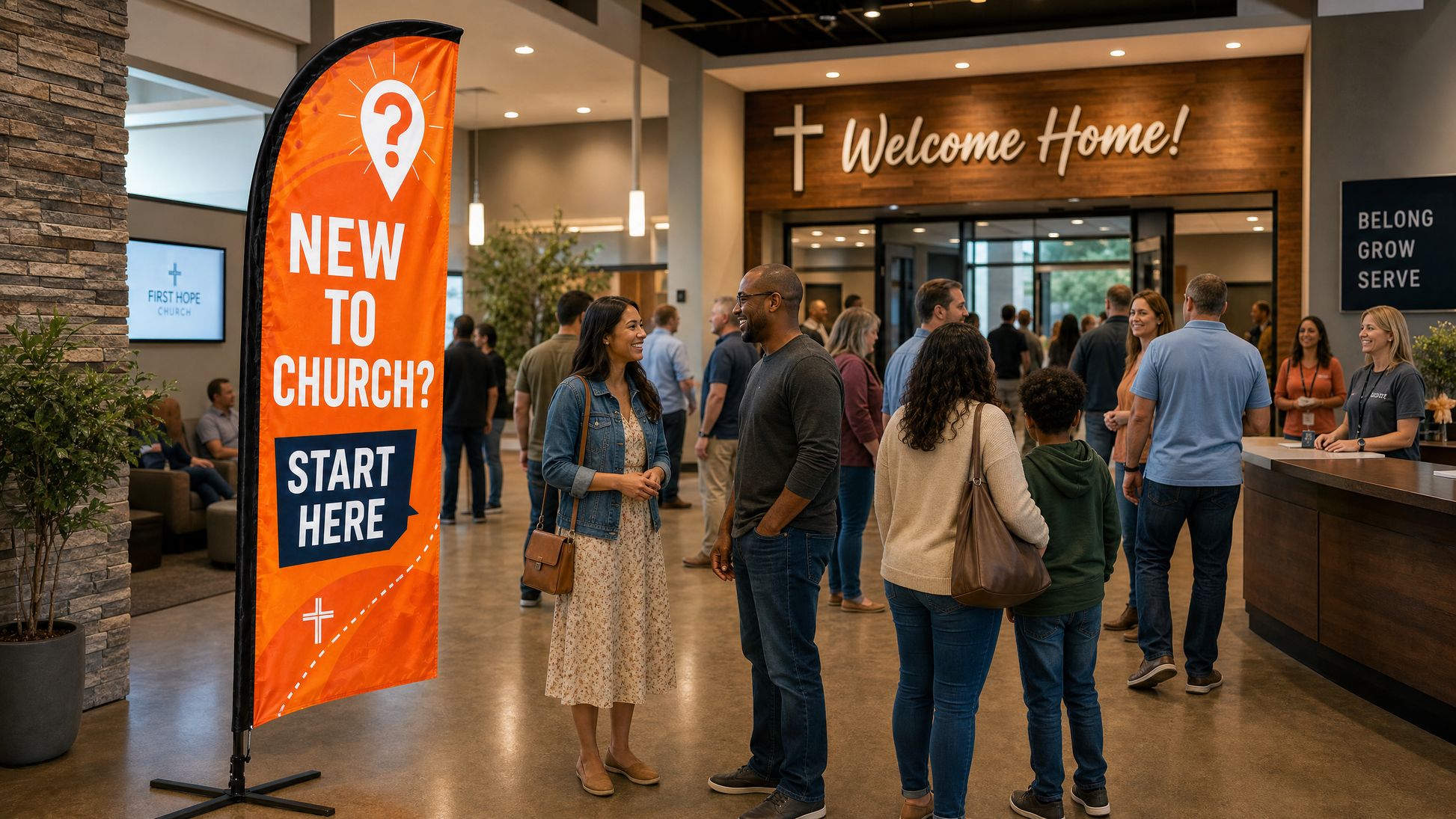 Case study image 2 for New To Church Guest Services Feather Flag