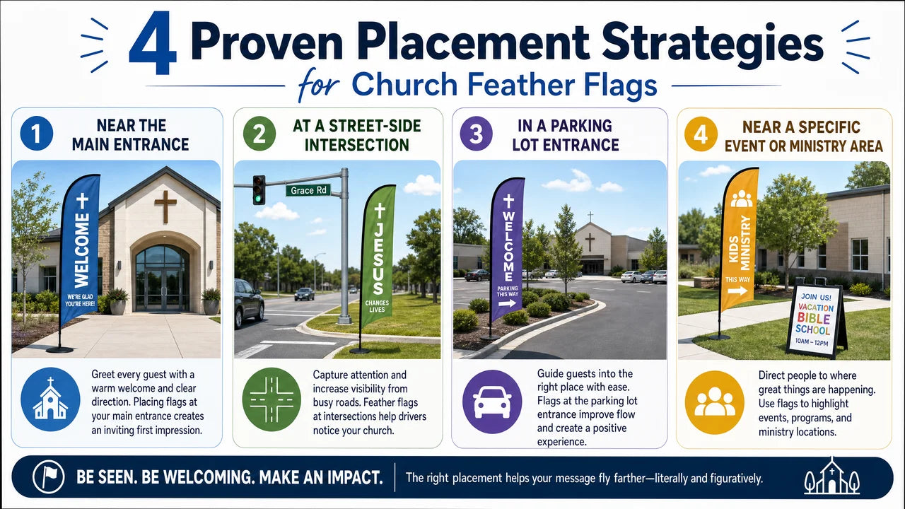 infographic showing four proven placement strategies for church feather flags