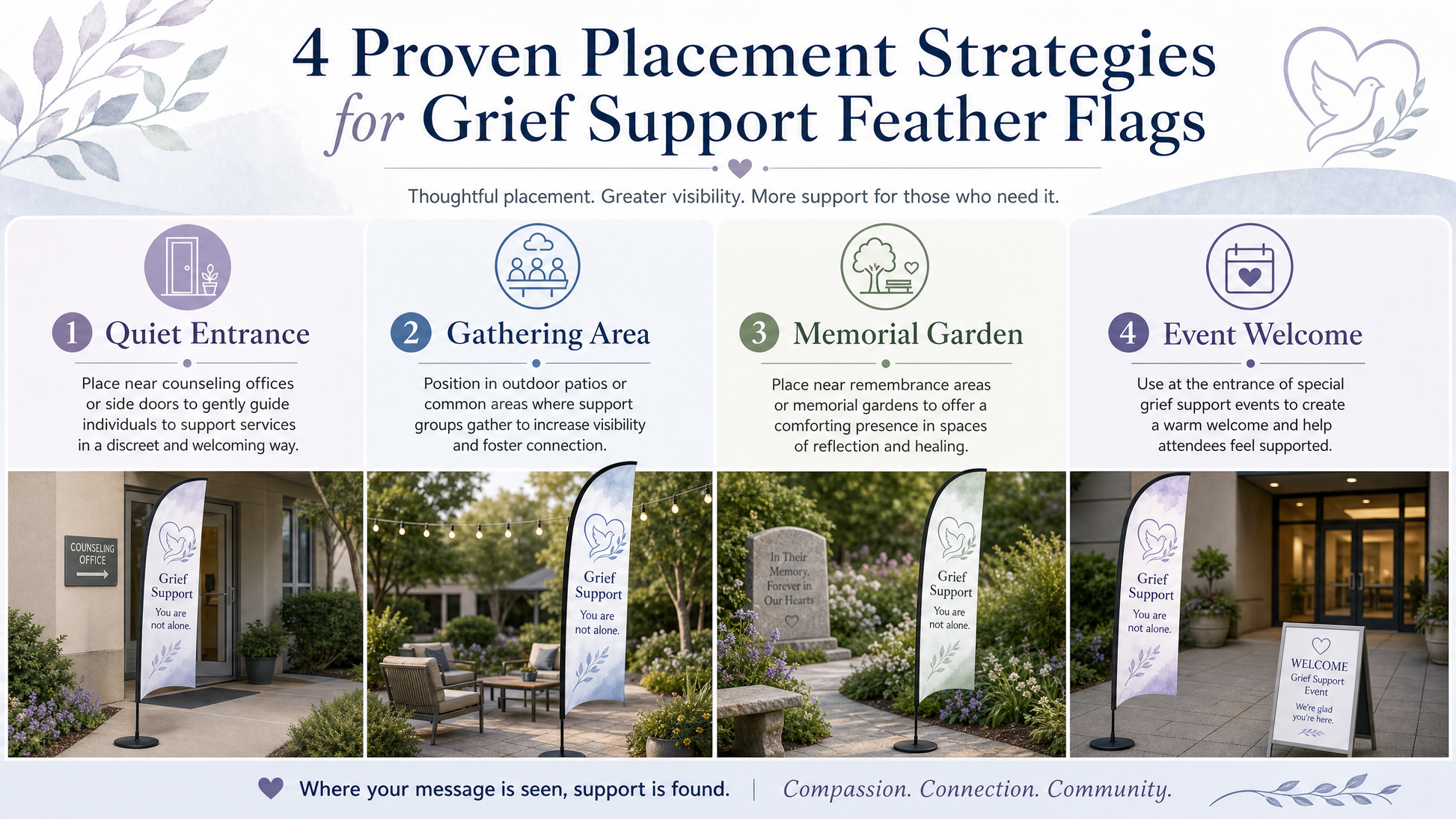 Infographic showing 4 proven placement strategies for Grief Support feather flags