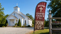 church feather flag with country church Yall Join Us theme outside small country church