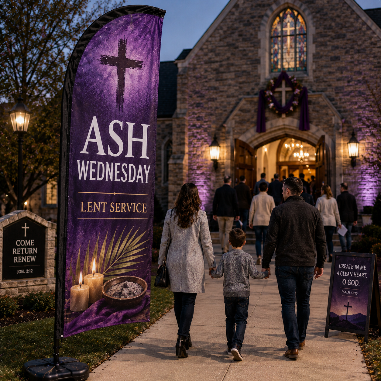 Ash Wednesday Lent Service church feather flag outside church sanctuary entrance during evening worship