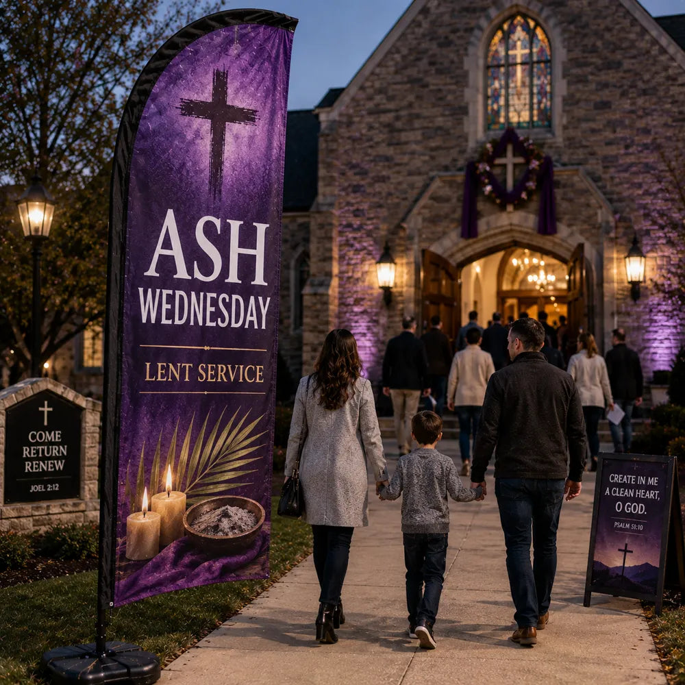 Ash Wednesday Lent Service church feather flag outside church sanctuary entrance during evening worship