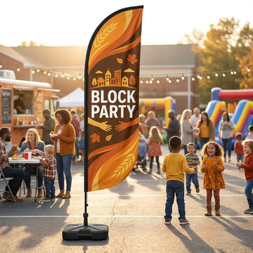 Autumn Community Block Party Church Feather Flag - Premium custom church feather flag on heavy duty base