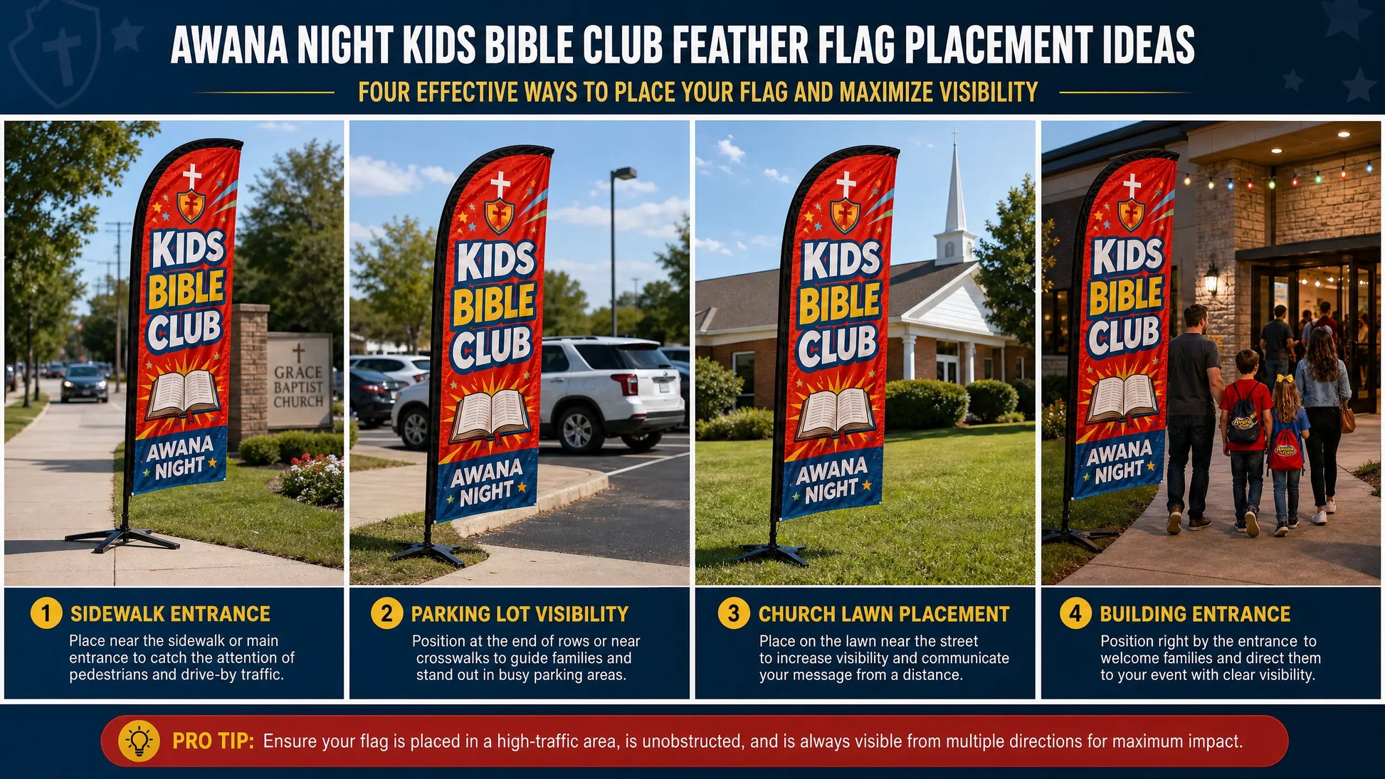 Awana Night Kids Bible Club church feather flag placement infographic