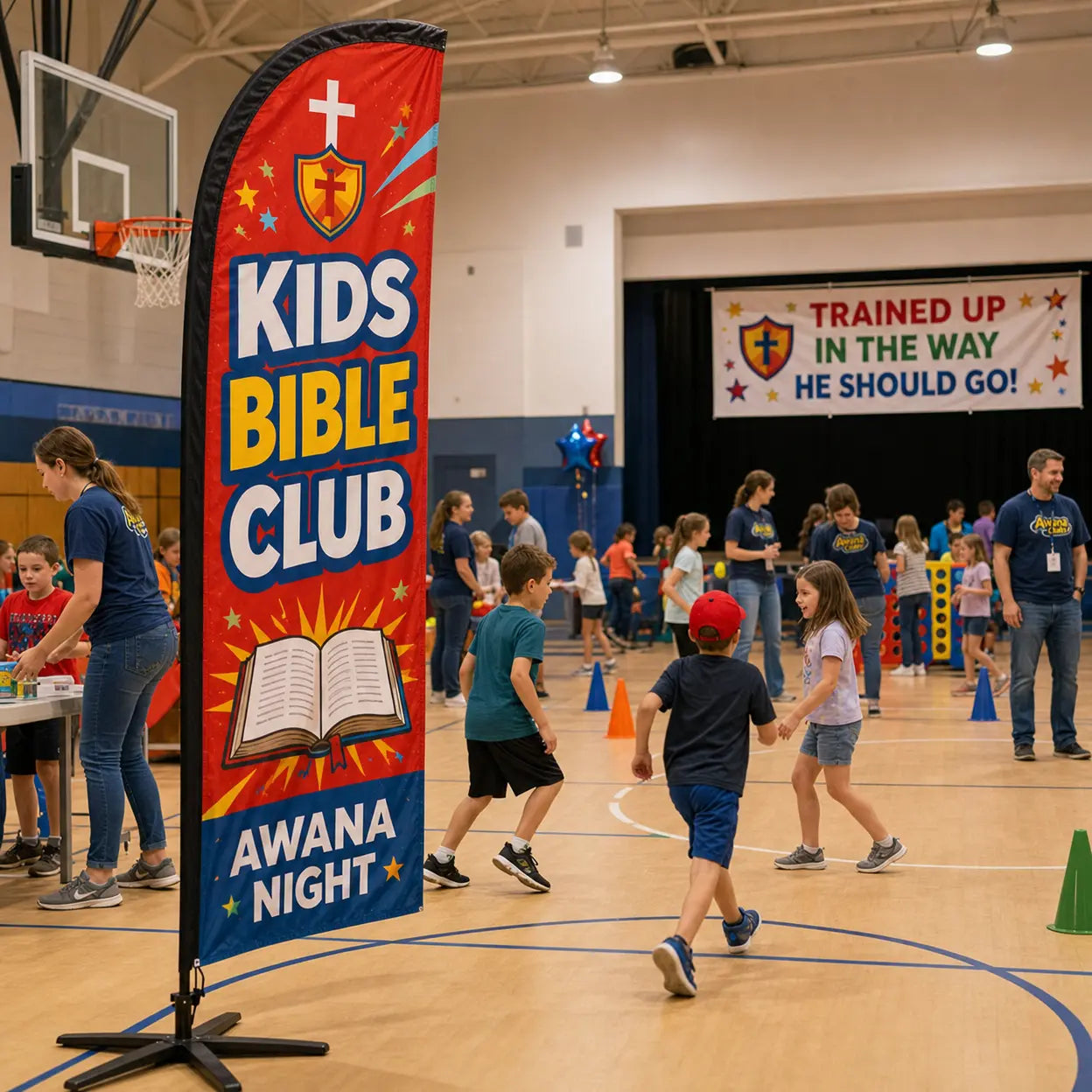 Awana Night Kids Bible Club church feather flag scenario 2