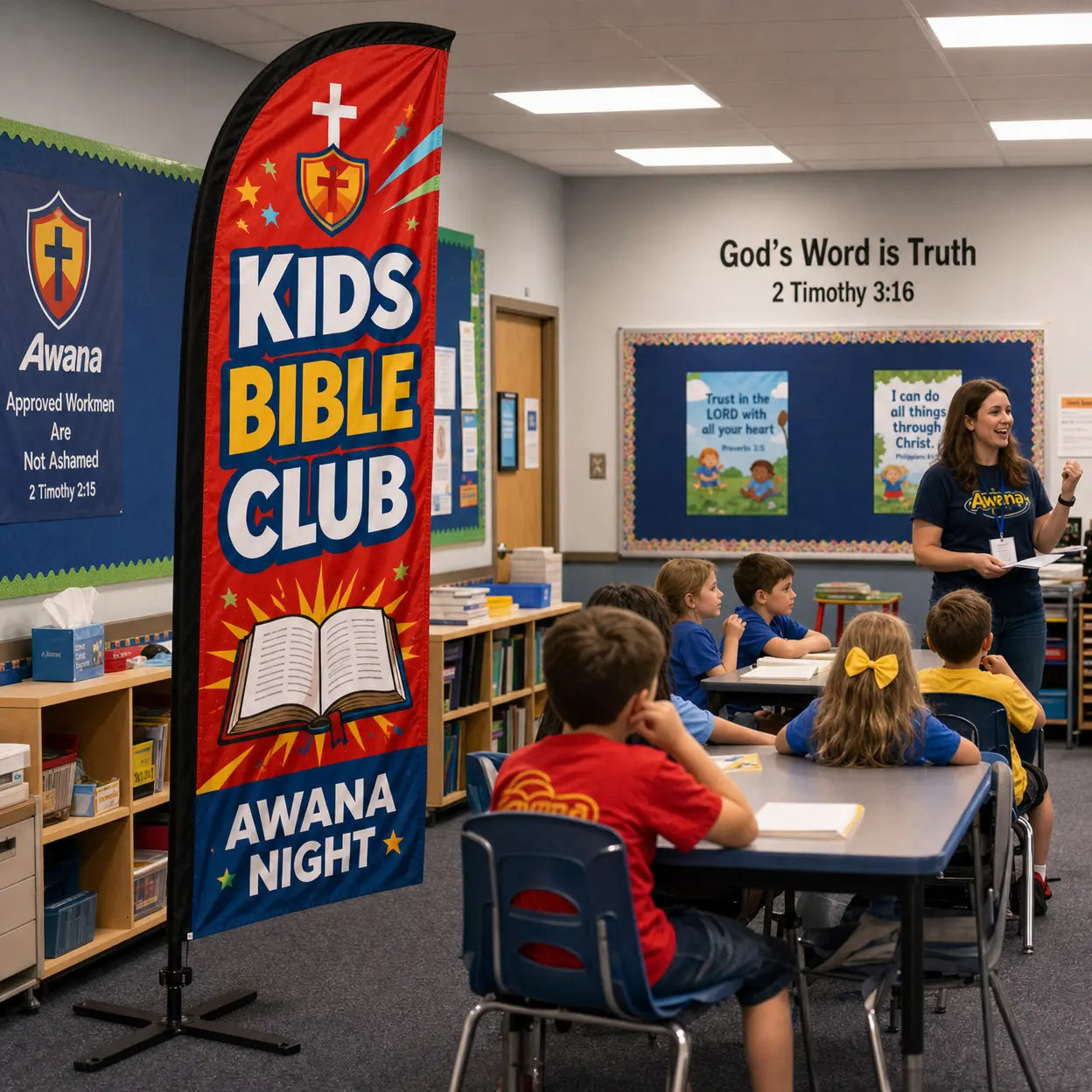 Awana Night Kids Bible Club church feather flag scenario 3