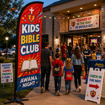 Awana Night Kids Bible Club church feather flag outside a church entrance with children, parents, and volunteers arriving