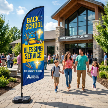 Blue and yellow Back to School Blessing feather flag guiding a family into a modern church entrance.