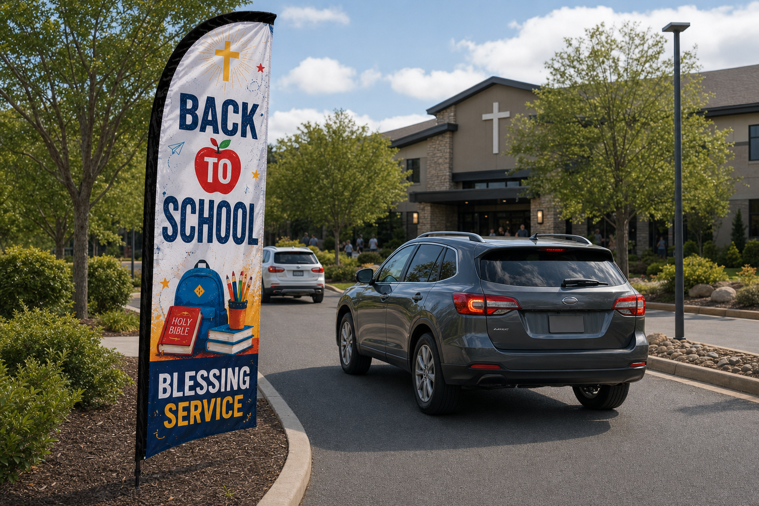 Back To School Blessing church feather flag at parking lot entrance guiding first-time visitors