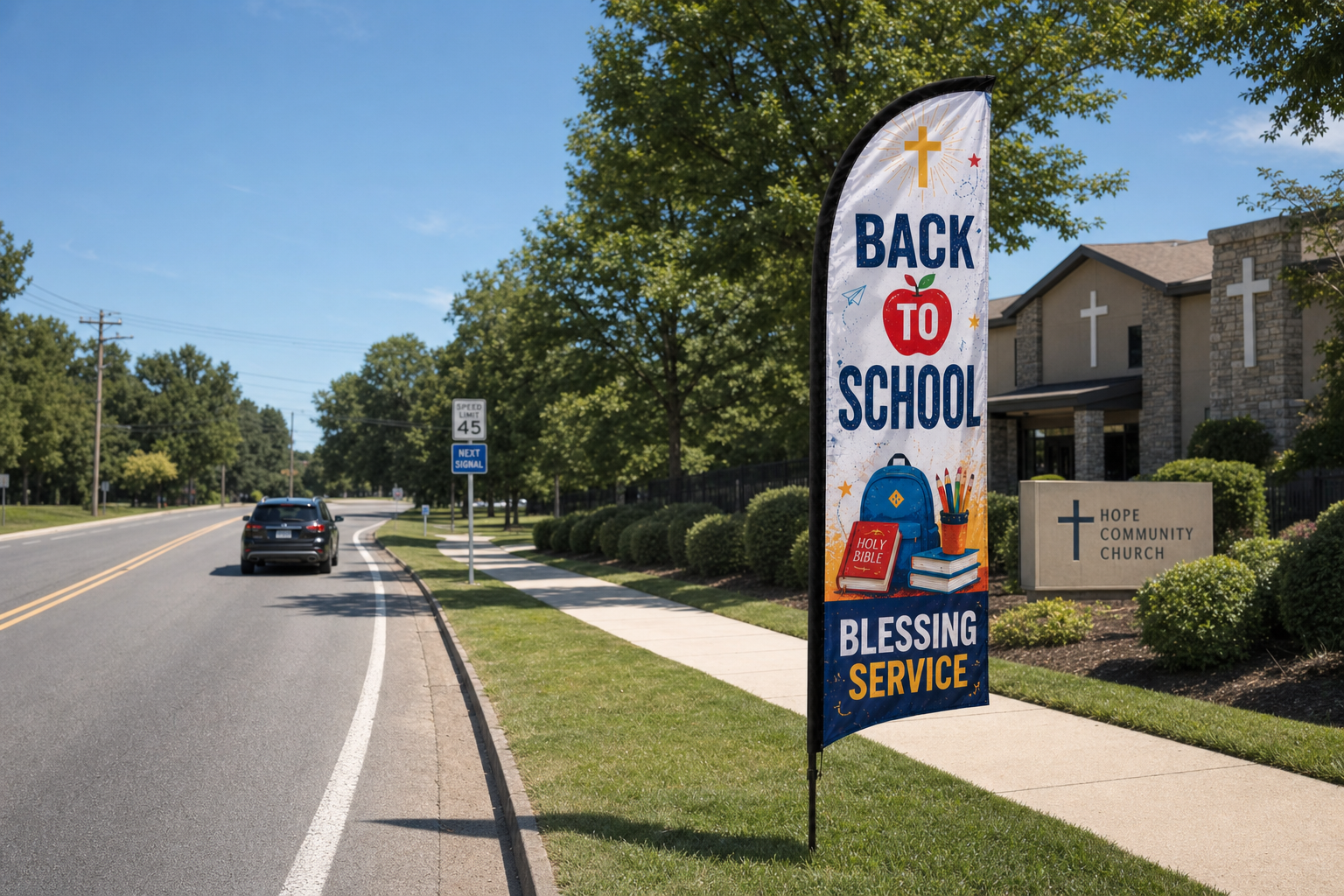 Back To School Blessing church feather flag placed roadside 500 feet before church entrance visible to Sunday morning traffic