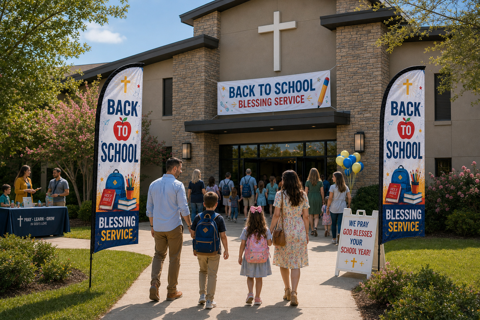 Two Back To School Blessing church feather flags flanking main entrance of church with families arriving