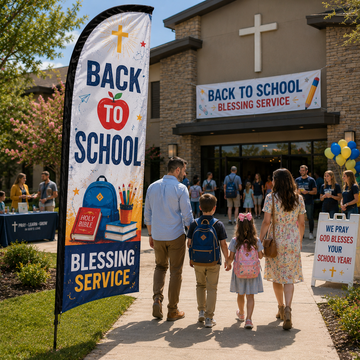 Back To School Blessing church feather flag outside a church with students carrying backpacks and families arriving