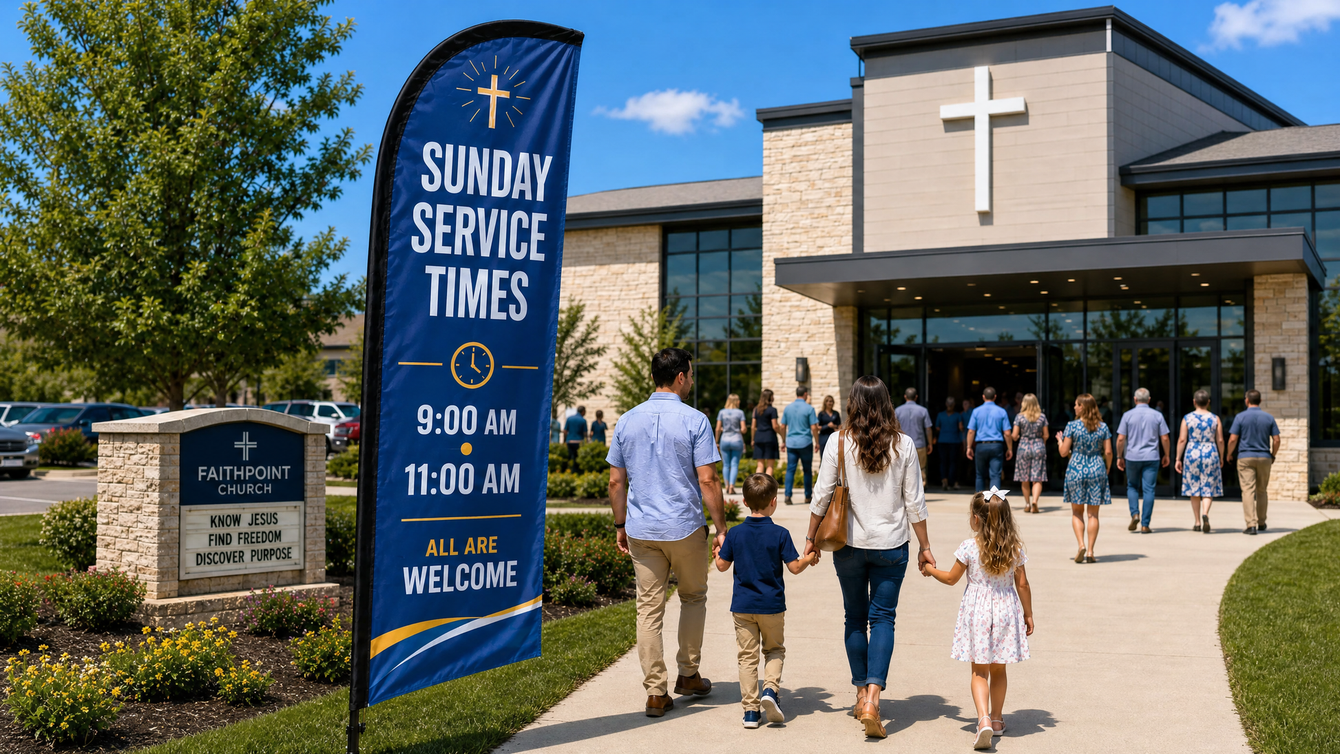 Sunday Service Times church feather flag with 9 AM and 11 AM schedule near a busy church parking walkway - Case Study 1